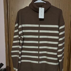 Line & Dot Striped Turtleneck Sweater in Brown and Cream